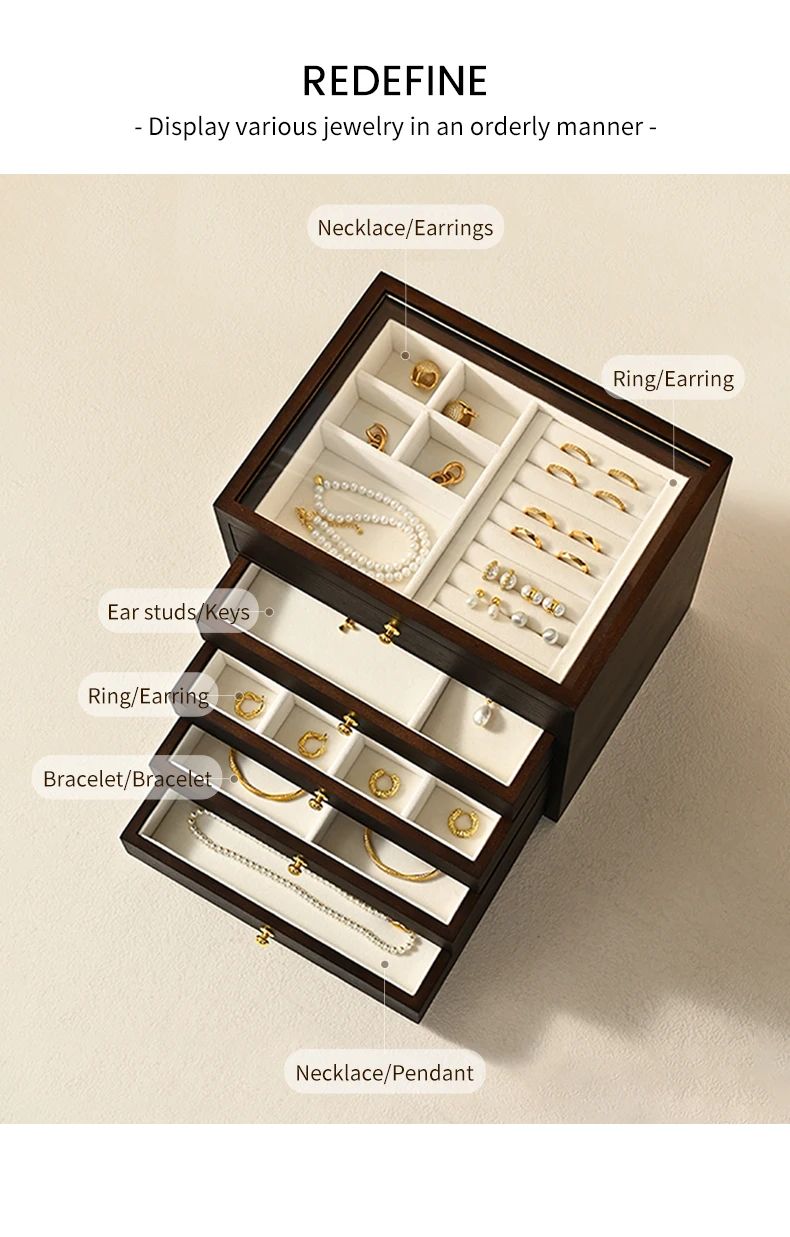 Oirlv Holz-Schmuckbox mit mehreren Schubladen, Schmuck-Organizer für Ringe, Ohrringe, Armbänder, Anhänger, multifunktionale Schmuckaufbewahrungsbox – Detail 3