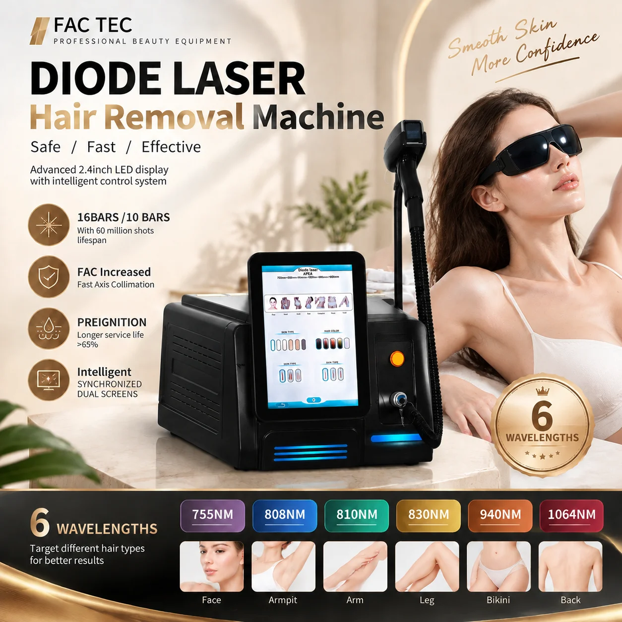 7000W Diode Laser Hair Removal Device 755 808 810 830 940 1064nm FAC Fast Axis Collimation Preignition Salon Beauty Machine