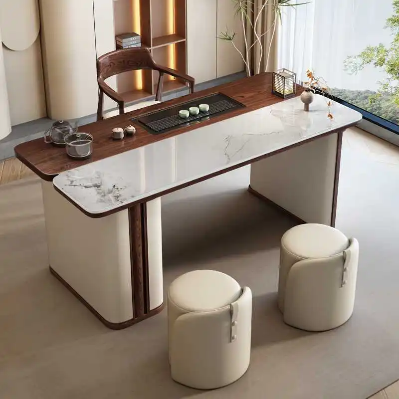 

Household solid wood tea table and chair combination balcony light luxury rock slab tea table modern simple high-end new office
