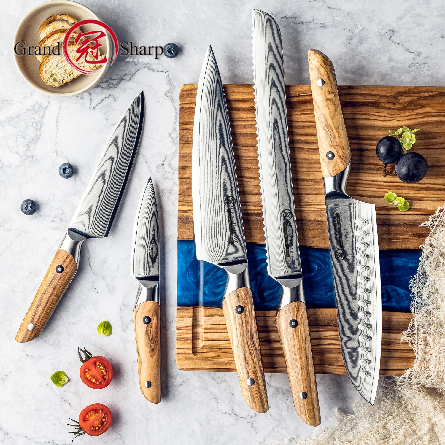 Grandsharp Kitchen Knife Set 1-4 Pcs 67 layers Damascus Steel with Olive Wood Handle Chef Knife Kitchen Cook Knives