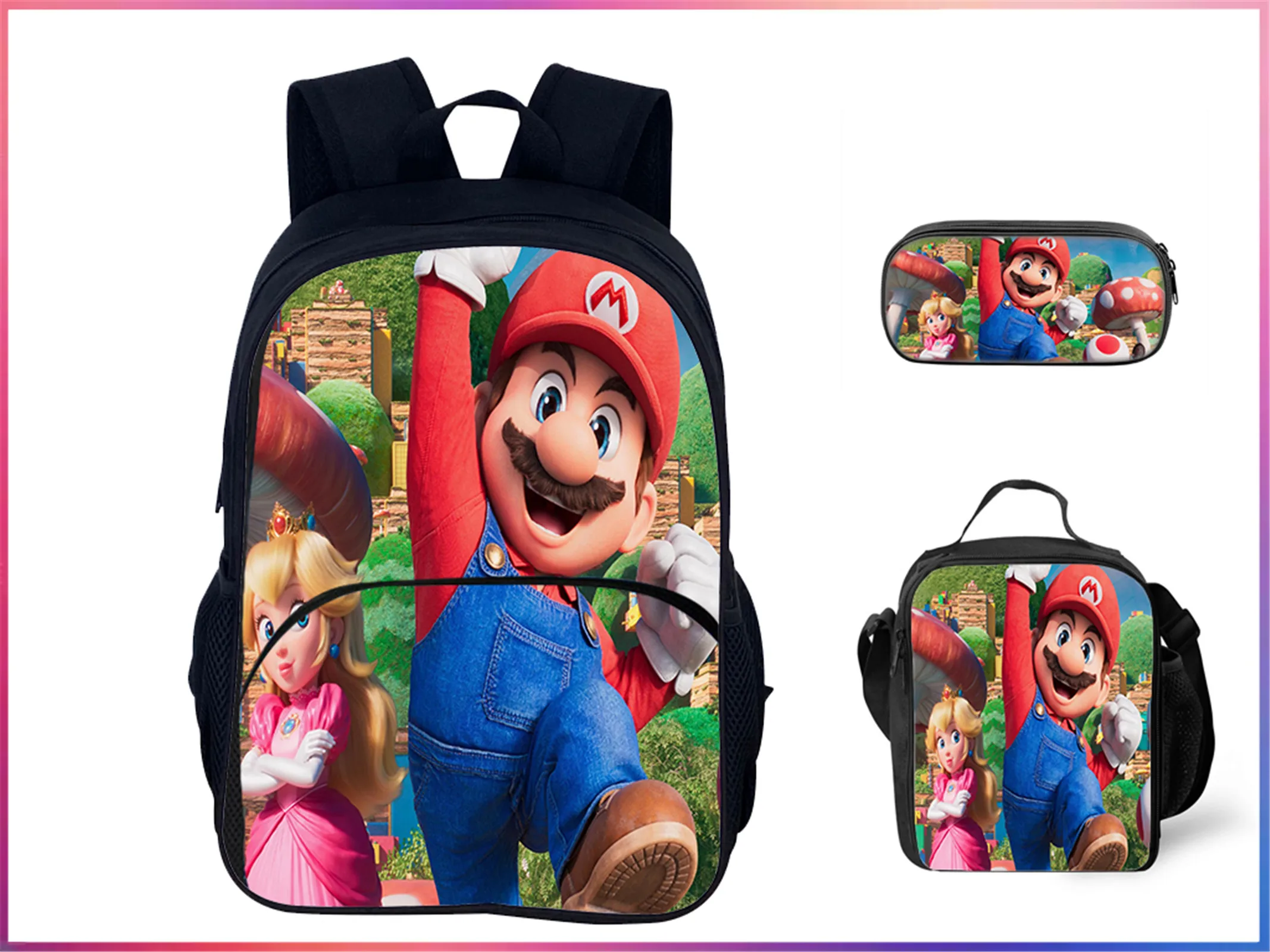 

HOT Super Mario Lightweight Student Backpack 3Pcs Set-Cartoon Rucksack and Waterproof Lunch Bag Pencil Box for Kid
