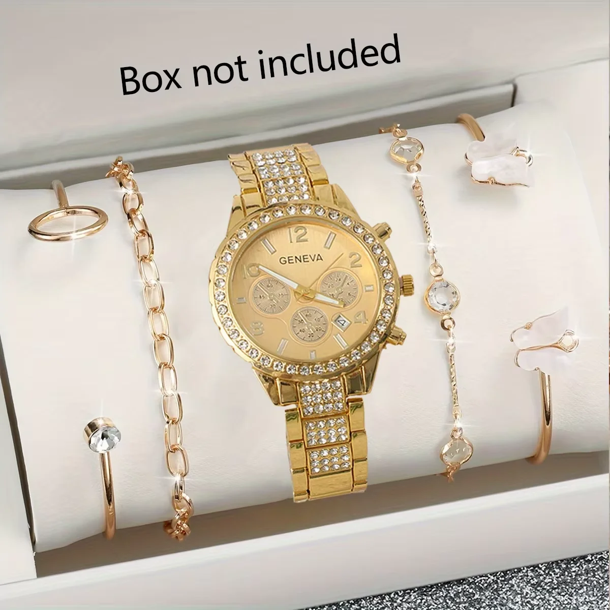 

5 шт. -Цифровой циферблат с золотым корпусом и дизайном со стразами, комплект ювелирных изделий - Часы из сплава с тремя глазами + браслет-бабочка - Perfe