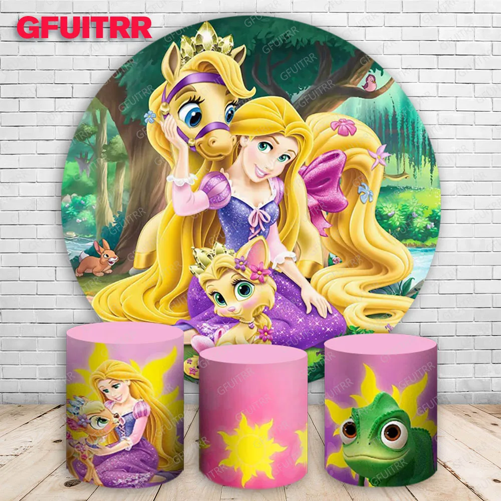 Tangled Princess Backdrop Birthday Decoration for Kids Party Round Horse Photography Background Cylinder Cover Baby Shower Prop