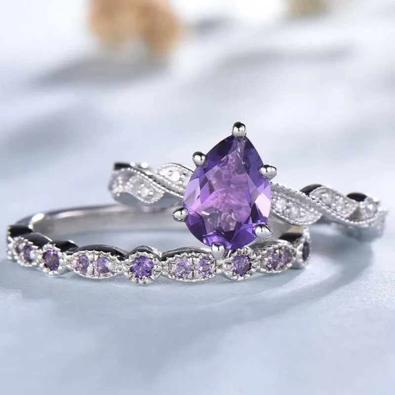 

European and American fashion water drop-shaped amethyst inlaid double-layer women's luxury personalized ring