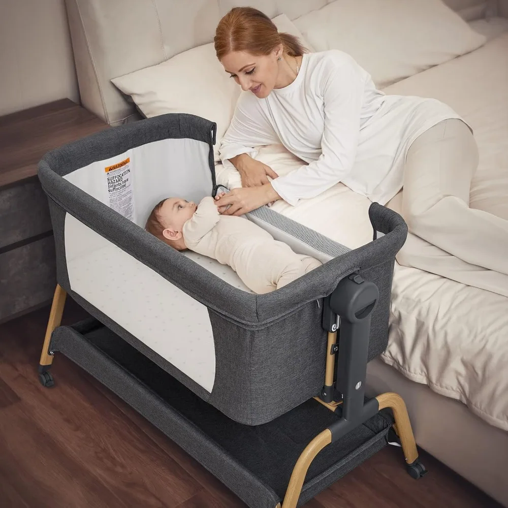 3 in 1 Baby Bassinet, Rocking Bassinets Bedside Sleeper with Comfy Mattress and Wheels, 6 Height Adjustable Easy Folding