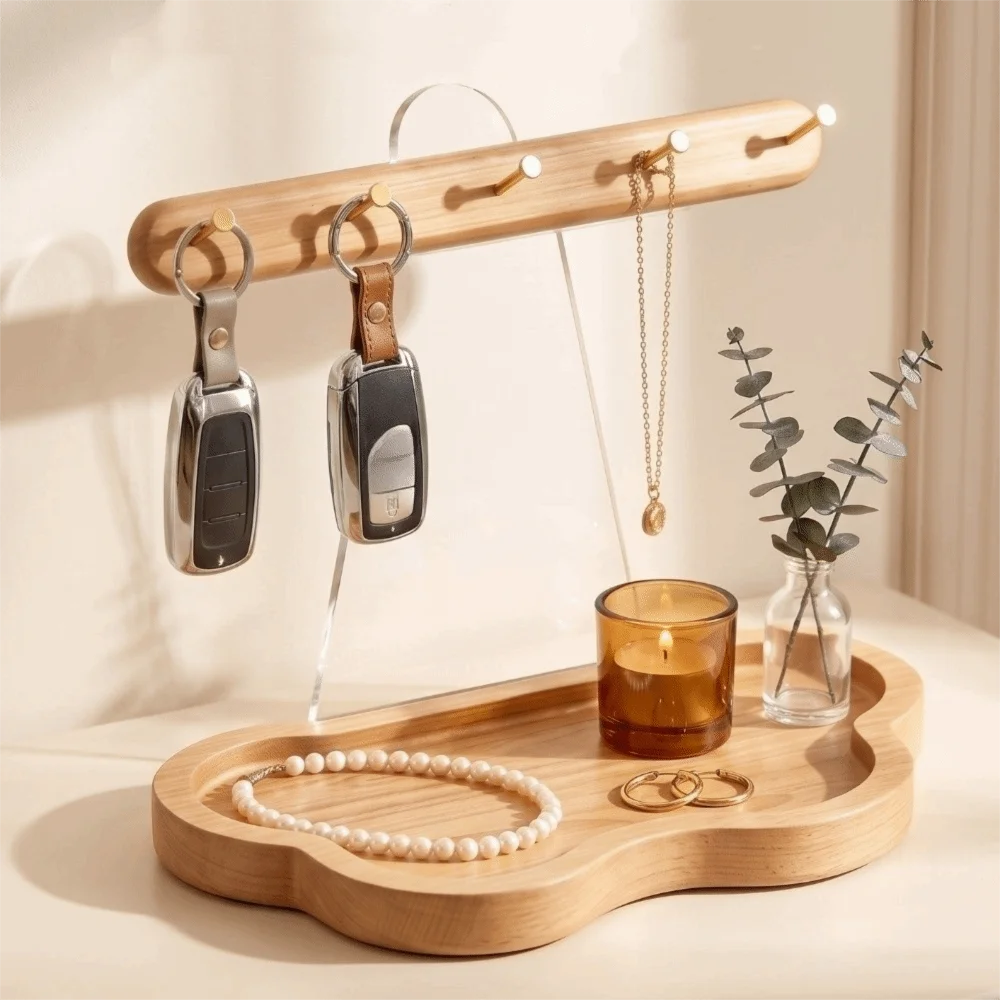 Acrylic Backboard Wooden Key Holder Cloud Shape Tray with Hook Entryway Key Organizer Large Capacity Key Storage Rack