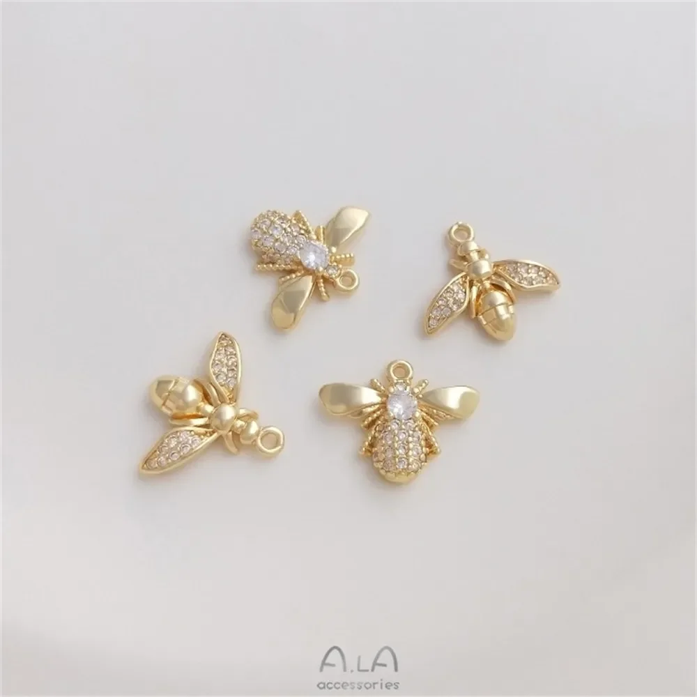 14k ouro embutidos zircão abelha pingente, artesanal DIY pulseira colar e brinco, jóias charme, novo, k345