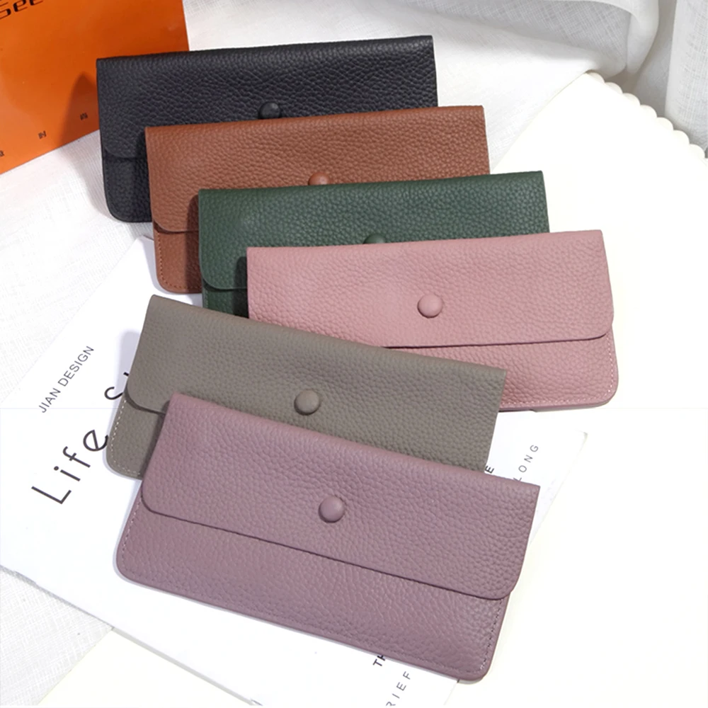 Dompet Panjang Wanita Kulit Asli 100% Tas Clutch Ramping Uang Solid Mewah untuk Wanita Dompet Tempat Kartu Kredit ID Kulit Sapi Fashion