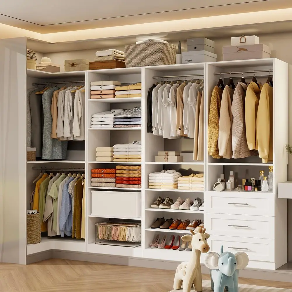 

System with 3 Drawers, 8FT Closet Organizer System with Adjustable Shelves amp Expandable Hanging Rods, Corner Closet Storage O