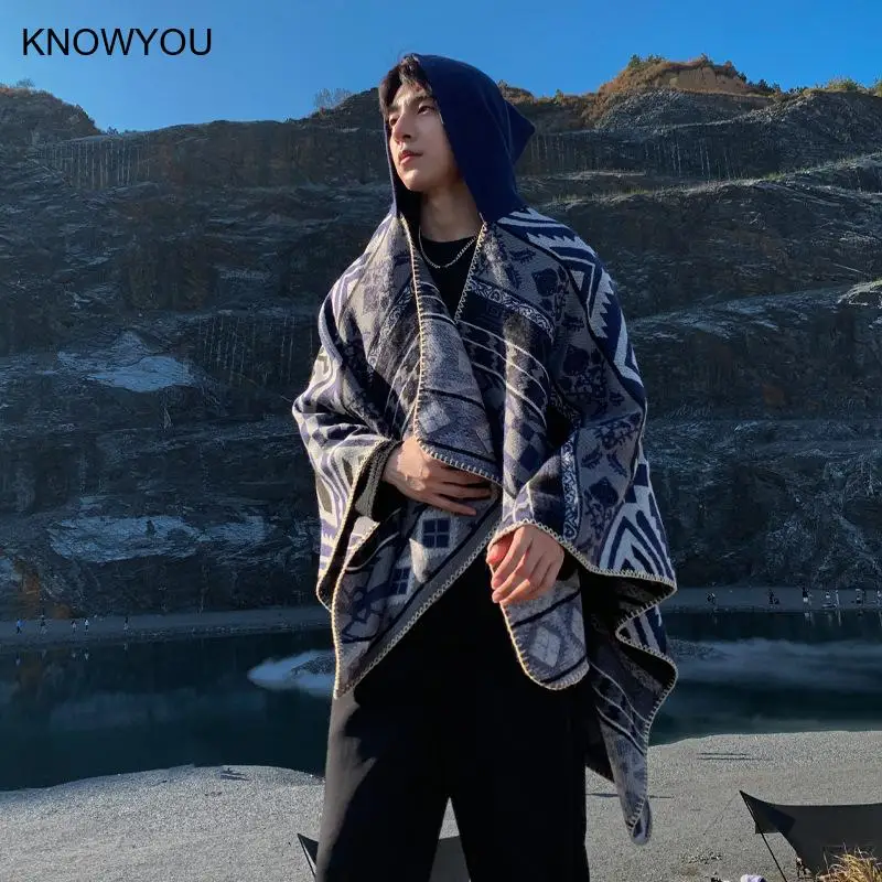 Autumn Winter New Shawls Men Ponchos Cashmere Blend Cape Reversible Jackets Thicken Hooded Echarpes Blanket Luxury Scarf