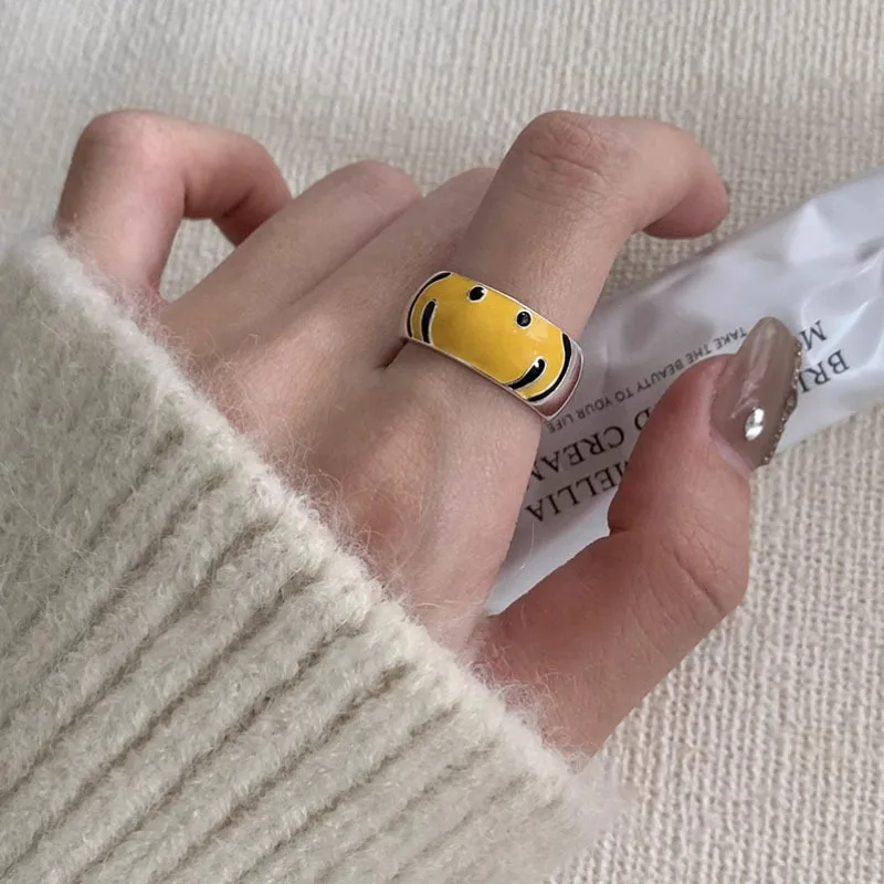 2024 New Arrival Trendy Yellow Smile Face 925 Sterling Silver Female Party Ring Best Gifts For Girlfriend Never Fade Cheap