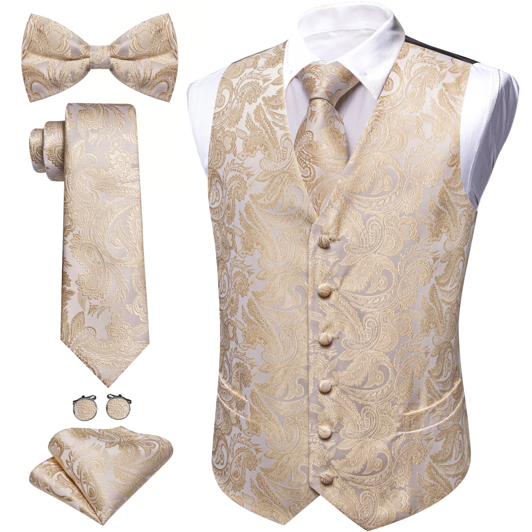 Formal Men's Suit Vest - Paisley Floral Solid Waistcoat Necktie Bowtie Pocket Square Cufflinks Set for Business Wedding Party
