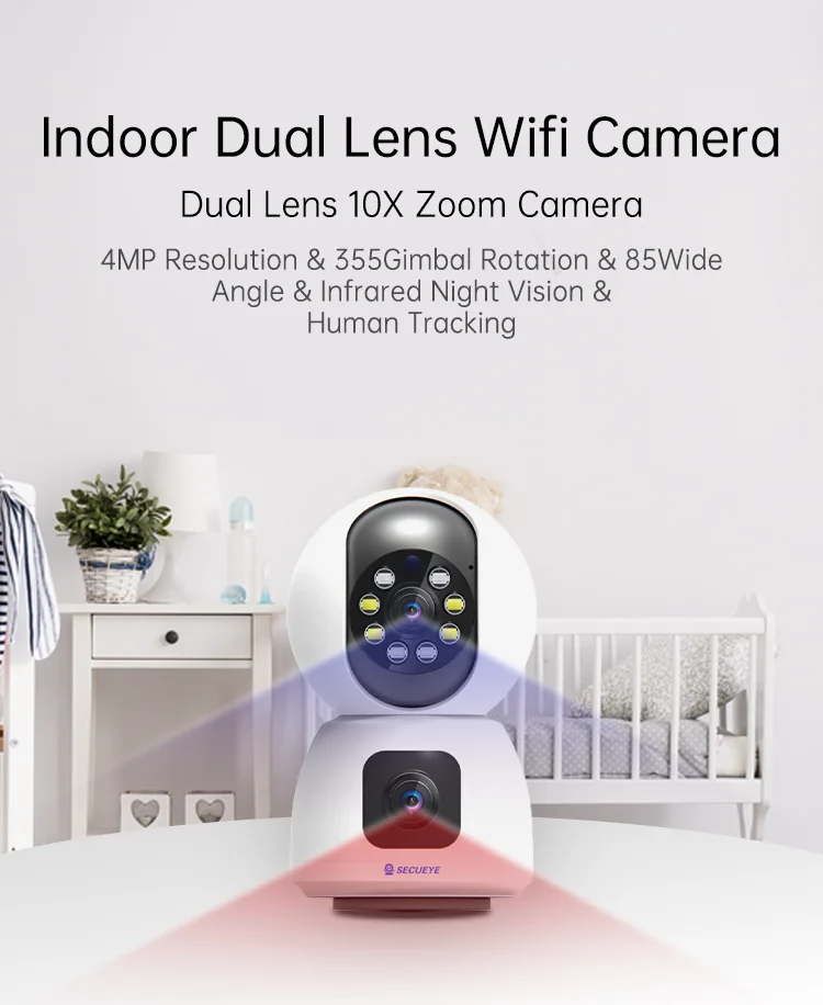 2K 4MP Indoor Dual Lens Wifi camera 10x Digital zoom Security Camera AI Human Tracking Two-way Audio Night Color Camera