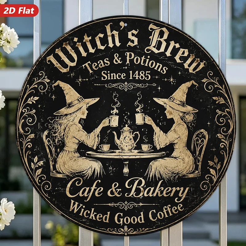 2D Flat, 1pc Witch Cafe Brew Round Metal Sign Wall Art, Ideal for Entryway Workspace, Home Decor, Witch'S Brew Wording, Teas And