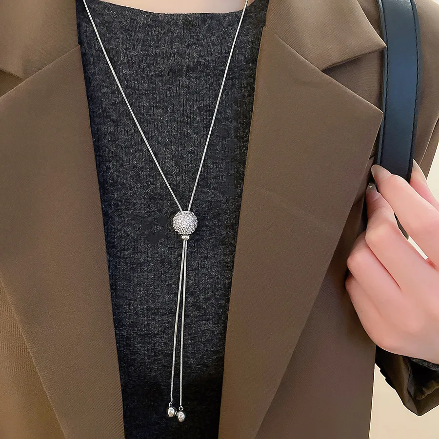 Shiny Zircon Long Tassel Necklace Women's Fashion Round Ball Pendant Necklaces Adjustable Sweater Chain Female Winter Accessory