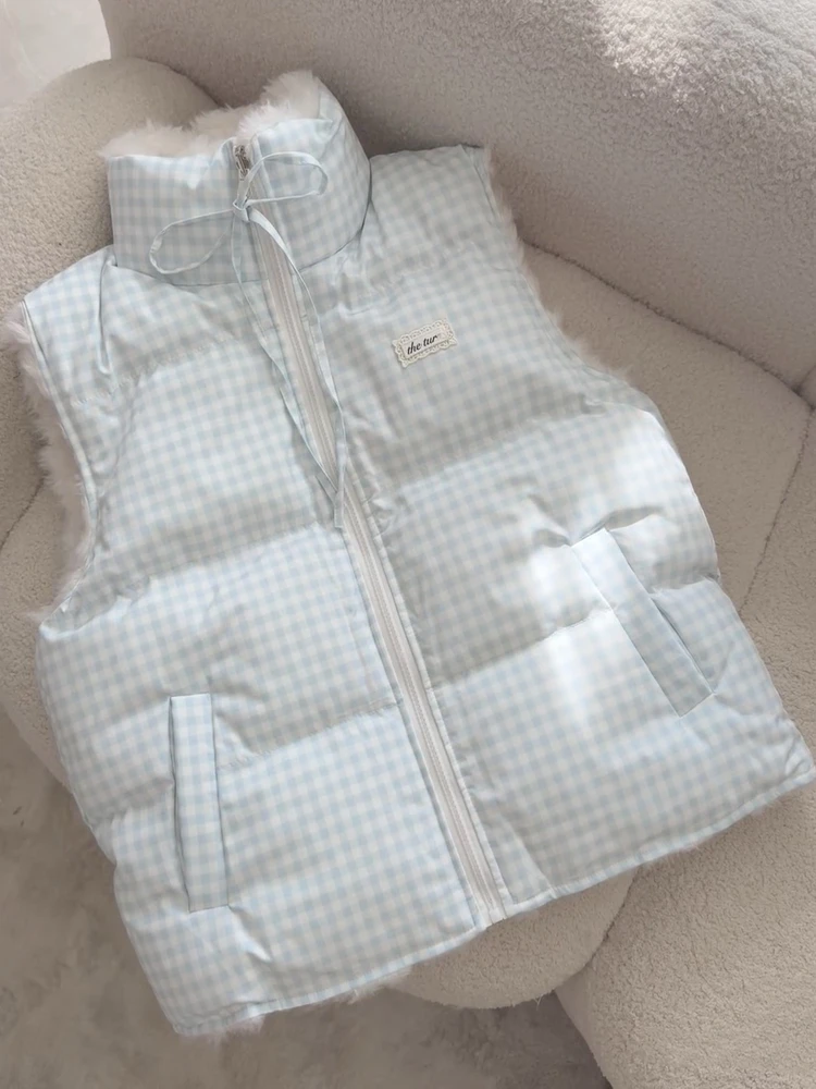 

Двусторонняя утепленная хлопковая жилетка для женщин, зимняя теплая свободная верхняя одежда в синюю клетку, модная повседневная модель