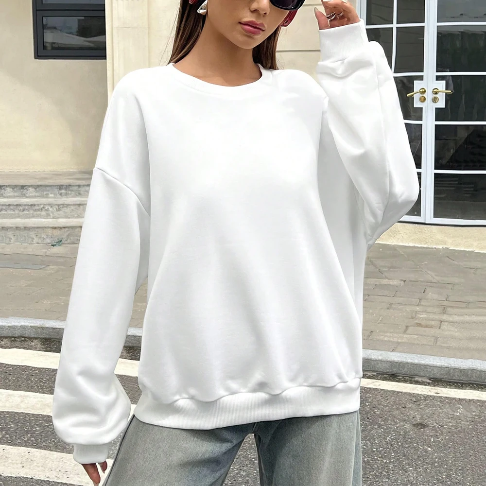 Women\'s autumn and Winter white sportswear pullover loose casual top New Casual Solid Color Long Sleeve Crewneck Sweatshirt