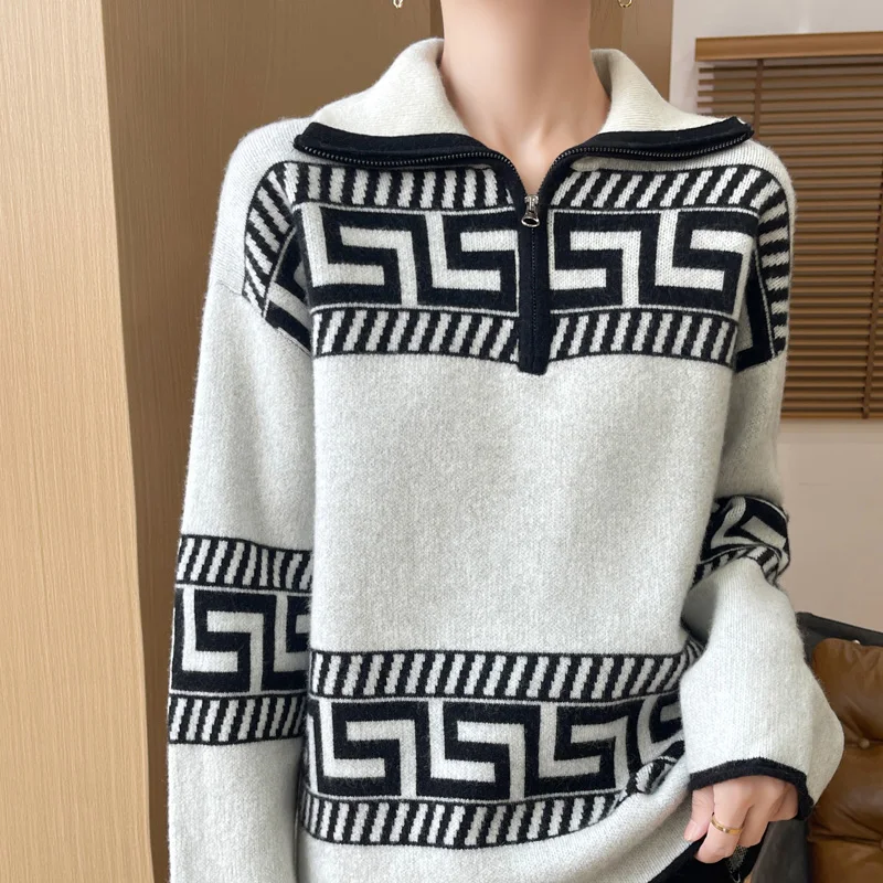 

New Autumn and Winter Lapel Cashmere Knitwear for Women, Retro Polo Collar Knitwear, Loose Color Matching Thickeneded Knitwear,