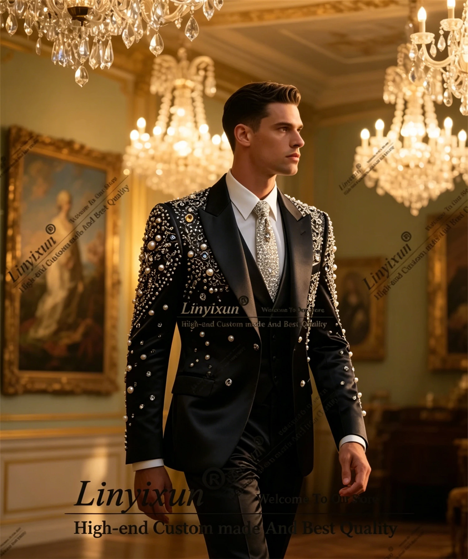 Formal Shiny Men Suits Luxury Beaded Crystals Groom Wedding Tuxedos 3 Pieces Male Prom Blazer Custromized Party Costume Homm