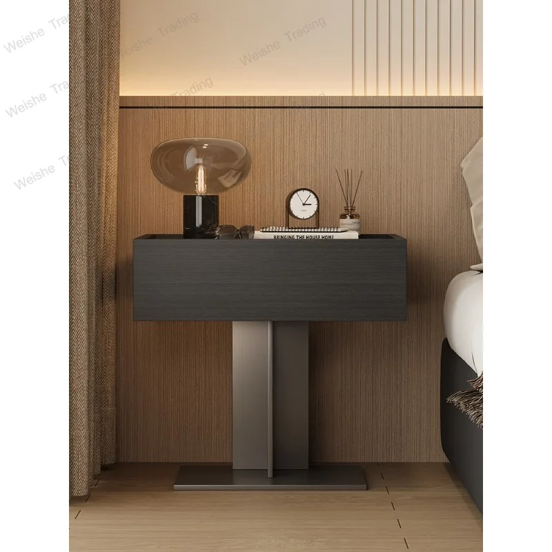 Black creative bedside table design sense niche household bedroom high sense small solid wood rack