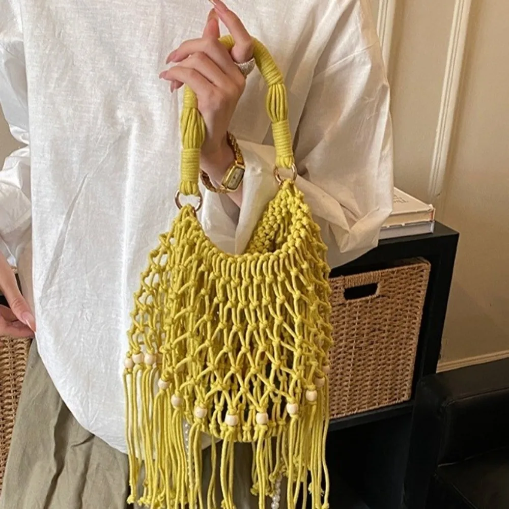 

New Large Size Woven Beach Bag Tassel Detail Pearl Chain Strap Convertible Tote Bag Elegant Hollow Out Design Shoulder Bag Pool