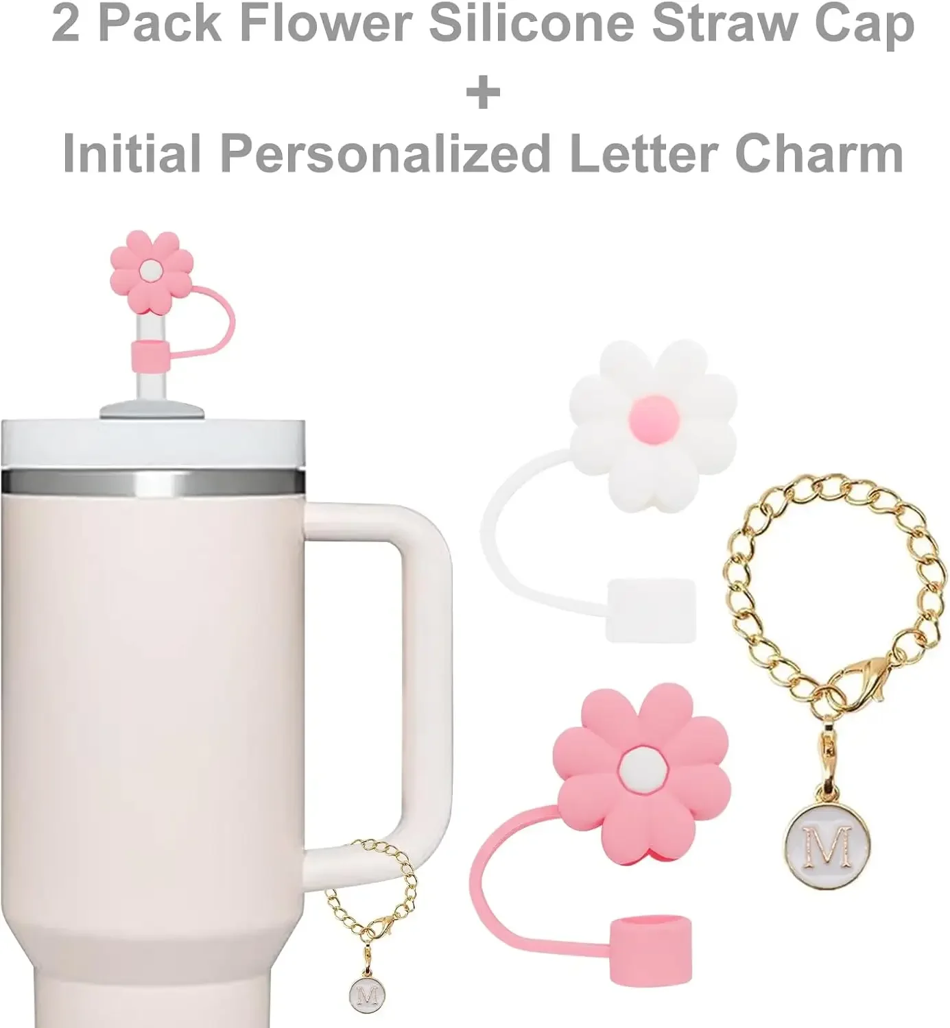 3PCS Straw Cover for Stanley Cup 30 40 Oz Tumblers Accessories 10mm Flower Silicone Straw Topper Lid with Initial Letter Charm