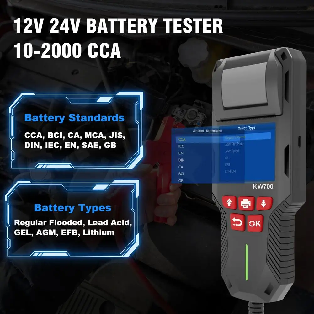 

Car Battery Tester & Charger Tools With Print Function Analyzer Battery Test Test 10-2000CCA Cranking DIY Charging Z4D5