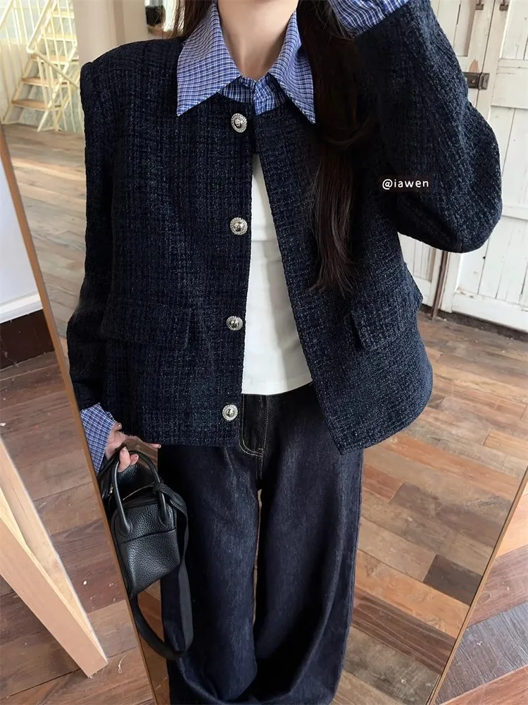 

Жакет из твида женский осенний, шерстяной, приталенный, с отложным воротником, с манжетами, карманами, вышивкой, в стиле минимализм, дерзкий, улджанг, простой