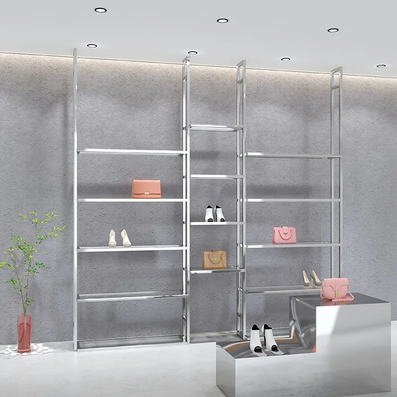 Shoe store shoe rack display rack, wall-mounted column, stainless steel shoe shelf, clothing store bag display rack