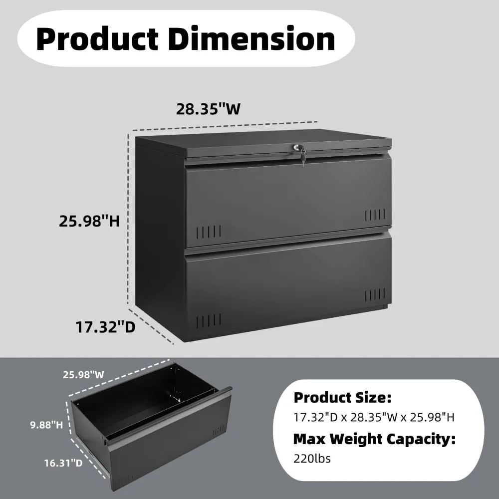 Archivador seguro de metal con 2 cajones para archivos A4, cartas y legales: negro, compatible con soporte para impresora, solución de almacenamiento de oficina