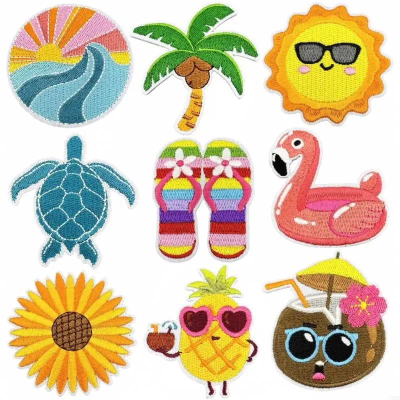 

77HE 9Pieces Beach Theme Fabric Patches Iron On Adhesive Applique Embroidery Patches For Hat Backpack Kids Clothes Repair Work