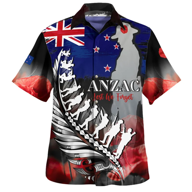 Summer Harajuku 3D New Zealand Maori Silver Fern Papua Flag Printing Shirts Anzac Day Graphic Short Men Fashion Clothing