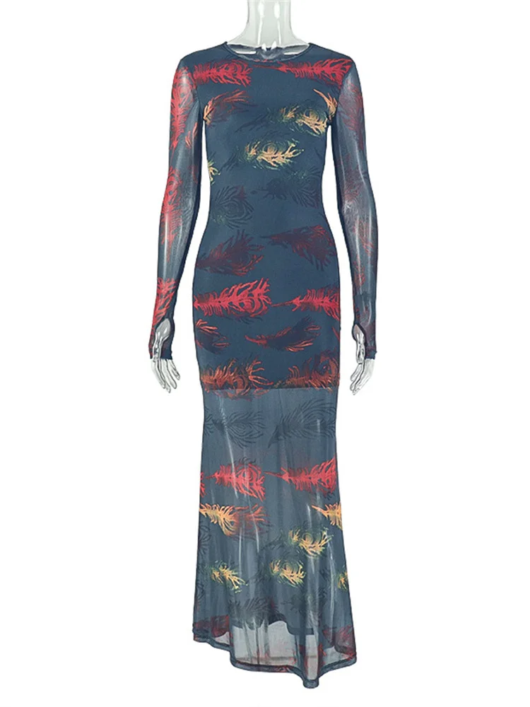 Robe imprimée plumes de chat bizarre pour femmes, ourlet en maille, Patchwork, manches longues, col rond, slim, extensible, Clubwear, Hipster, élégante, Maxi, moulante