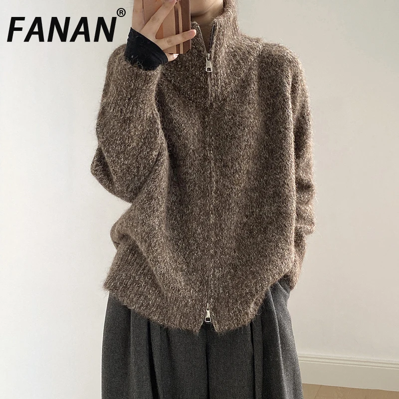 

FANAN минимализм шерстяной вязаный свитер женская водолазка с двойной молнией дизайн толстые теплые пальто женские топы модные зимние новинки