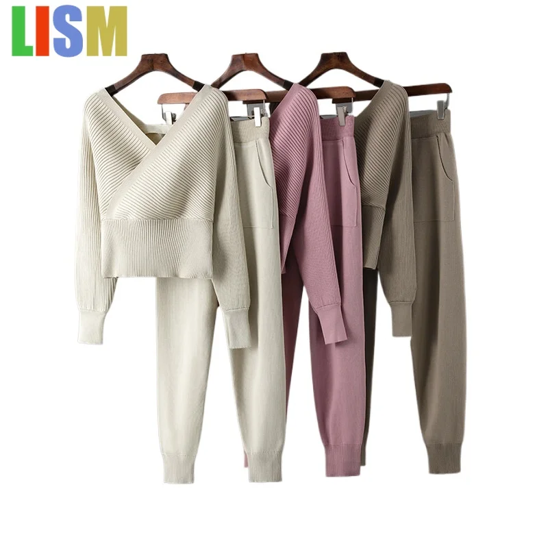 

LISM tracksuit Women's two pieces set Knitted Sexy V-neck sweater and casual sports pants two-piece set for women outfit