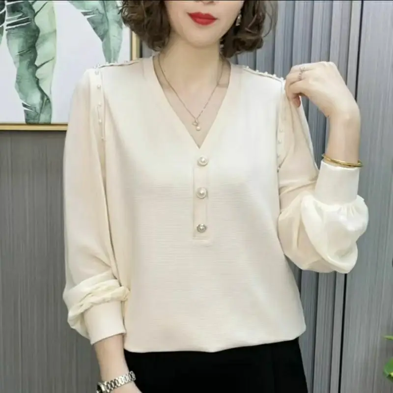 Elegant V-Neck Spliced Gauze Beading Blouse Women's Clothing 2023 Autumn New Oversized Casual Pullovers Office Lady Shirt