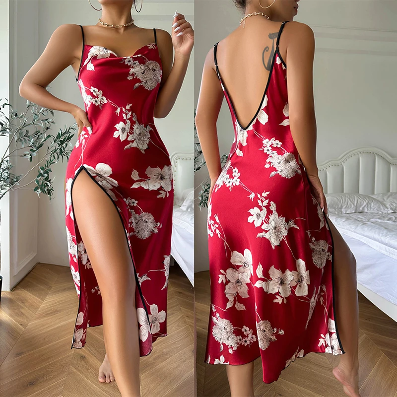 

Lady Suspender Nightgown Lingerie Crowl Neck Sleepwear Silk Satin Backless Homewear Lounge Side Split Print Flower Nightwear