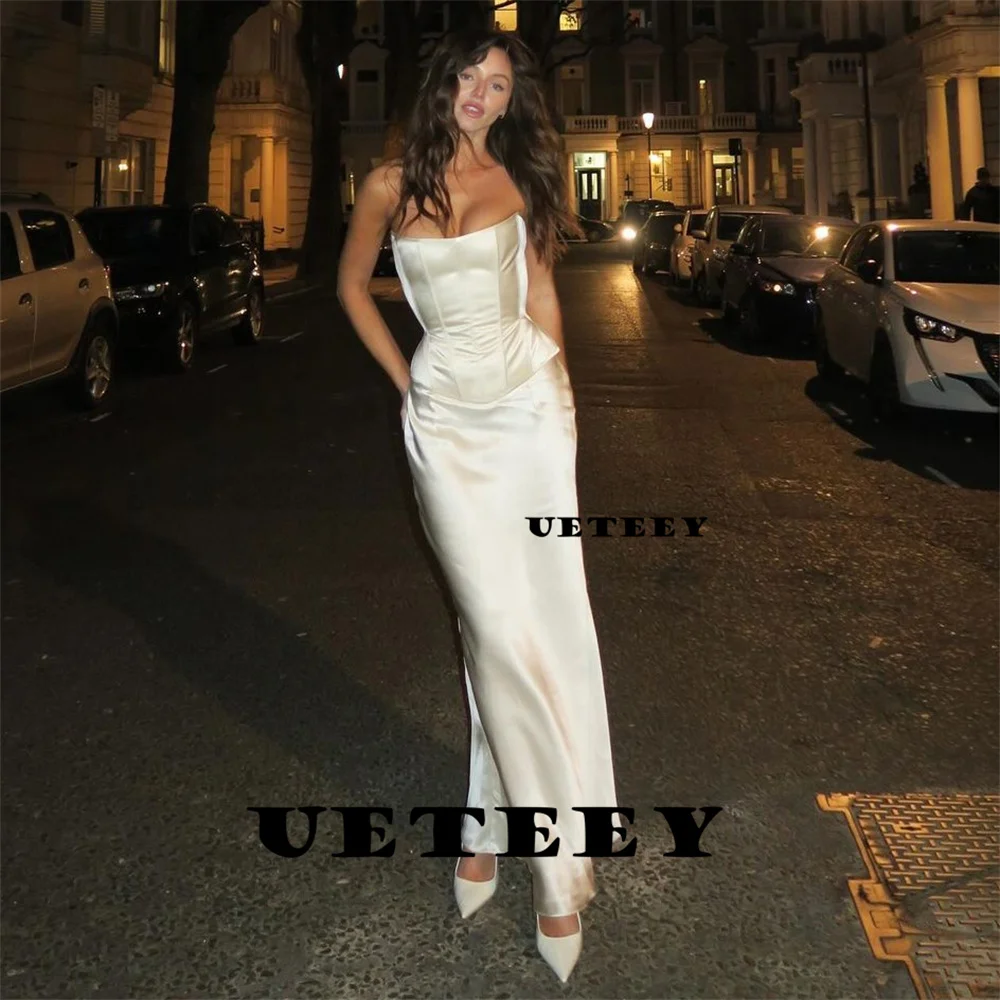 UETEEY-vestido de novia de satén sin tirantes, sencillo, personalizado, sin mangas, con cordones en la espalda, hasta el tobillo