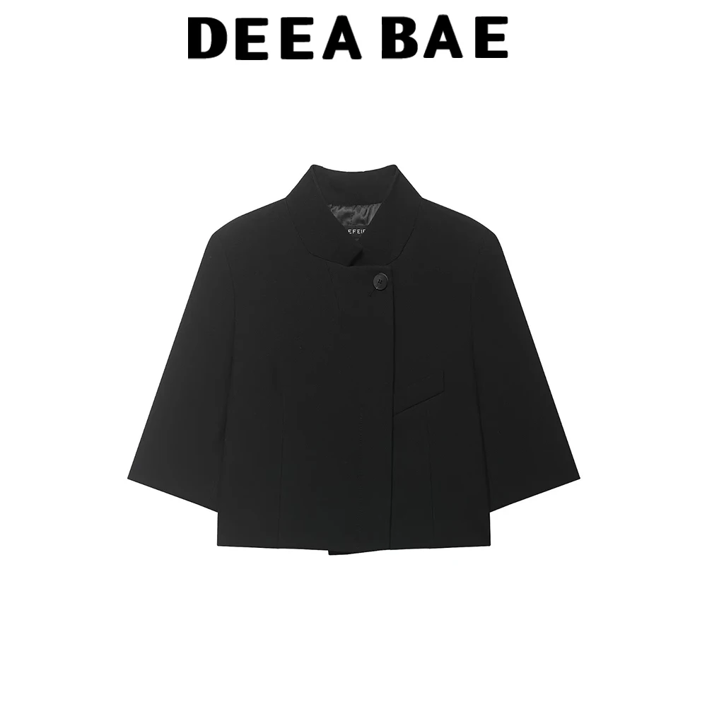DEEABAE Frühling und Sommer neue Damenmode mit Taschendekoration, Stehkragen, kurzärmelige Anzugjacke mit Knöpfen