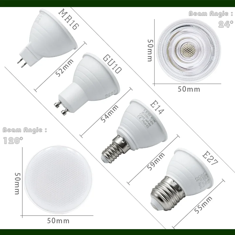 10pcs/lot GU10 LED Bulb 220V MR16 Led E27 E14 24/120 Degree Spotlight Bombillas LED Lamp Indoor Lighting for Bedroom Livingroom