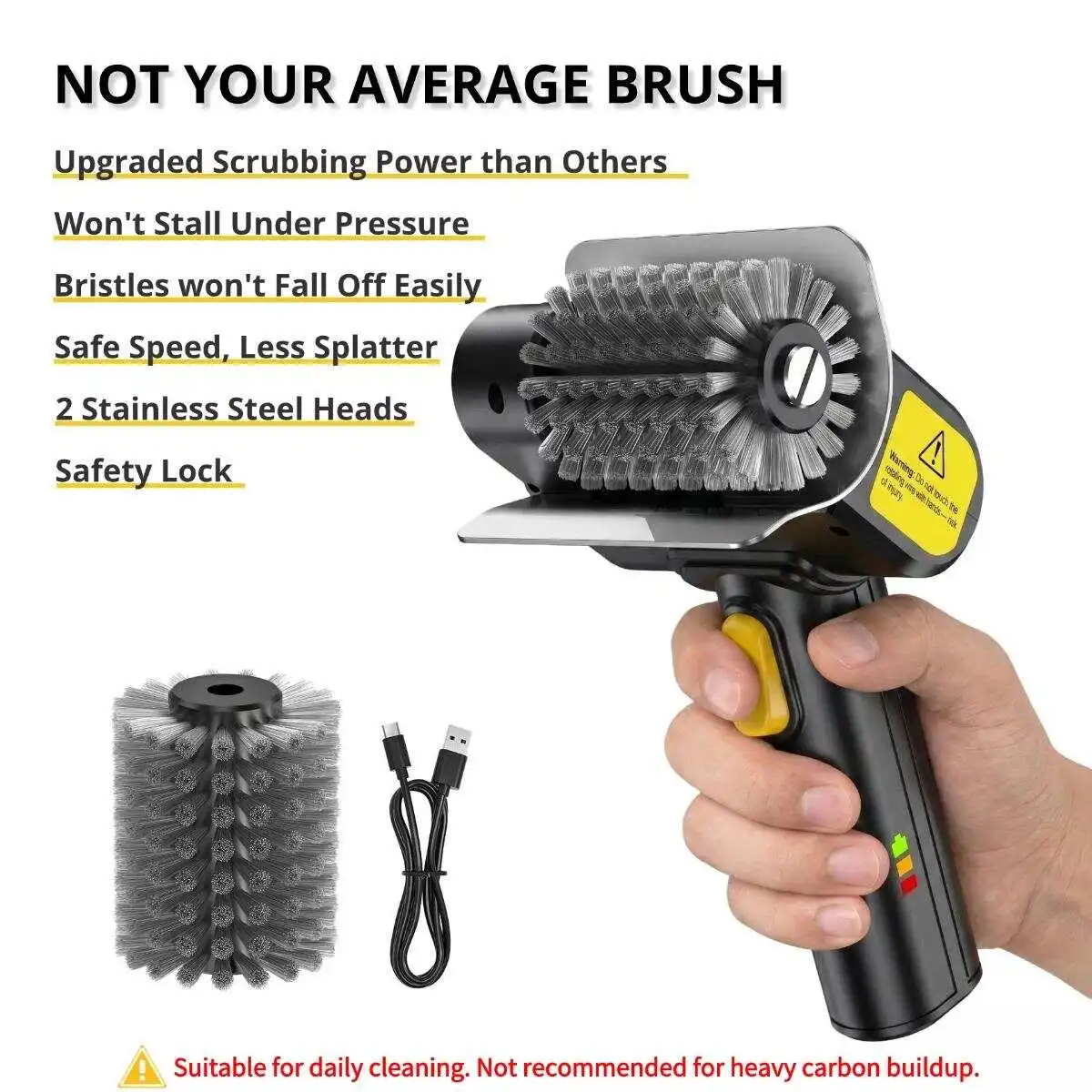 Multi-Purpose Electric Spin Scrubber Rechargeable High-Torque Metal Cleaning Brush with 2 Food-Grade Stainless Steel Heads Compact Cordless BBQ Grill Cleaner Garden Tool Patio Garage Spot Barbecue Brush