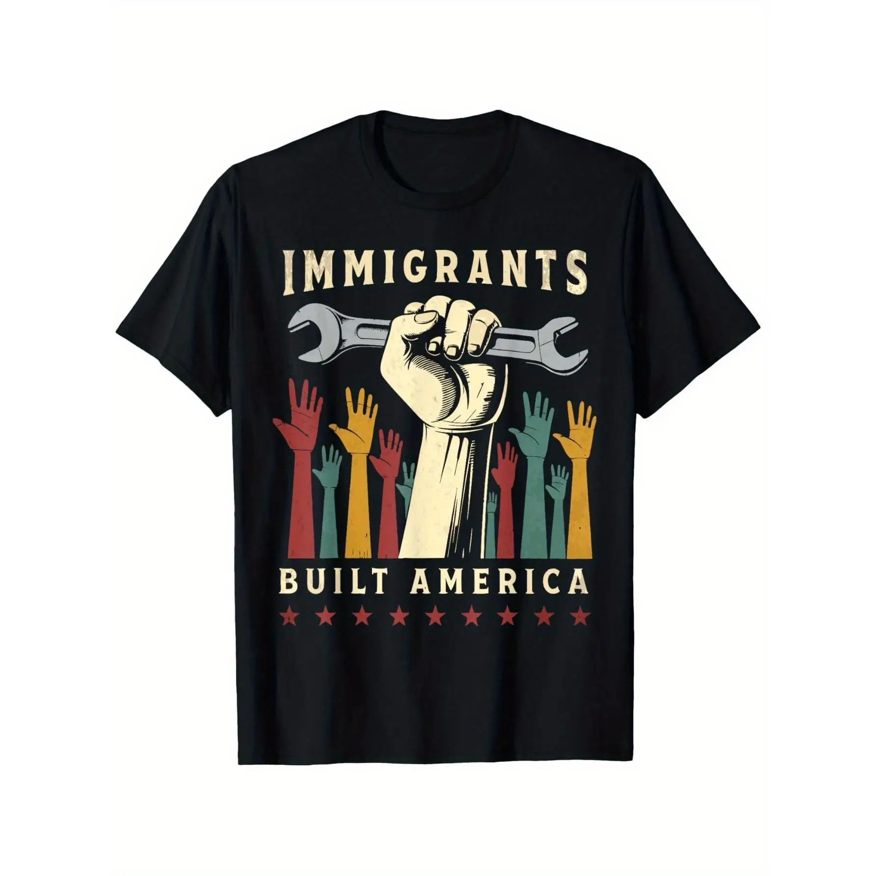 

Vintage Immigrant Strength USA Pride T-Shirt - Built America Graphic Print with Wrench & Colorful Fists - 180g 100% Cotton Soft