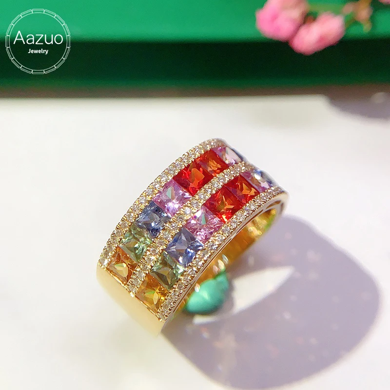 Aazuo Luxury Jewely 18K Yellow Gold Natrual Sapphires Real Diamonds Rainbow Lines Rings For Girls & Women Senior Banquet Party