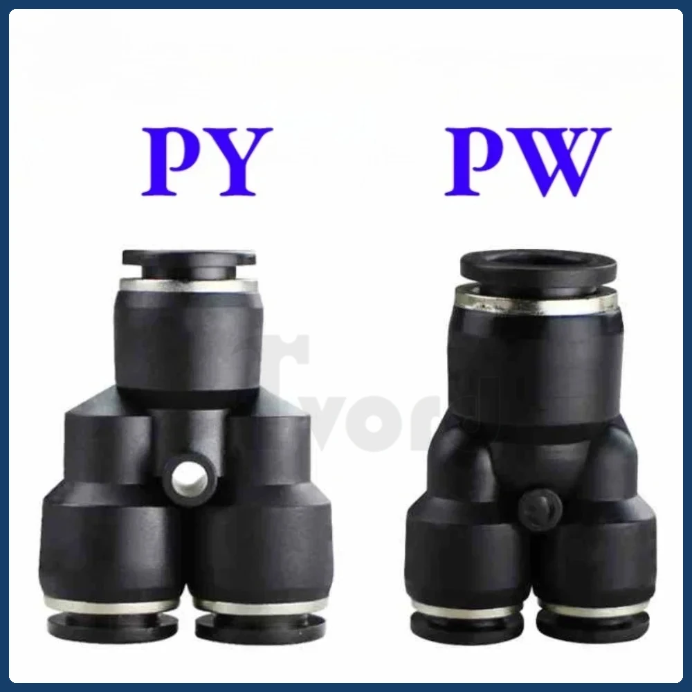 4 6 8 10 12 14 16mm PY PW Black Y-type Three Ways Pneumatic Air Fitting Quick Push To Connect Quick Release Variable 14-12 6-4