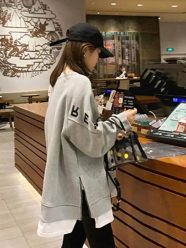 

plus Size 300 Pou Women's Sweatirt Loose Split Bot Letter Print Casual Top ey Fake Two-Piece Comfortable Streetwear