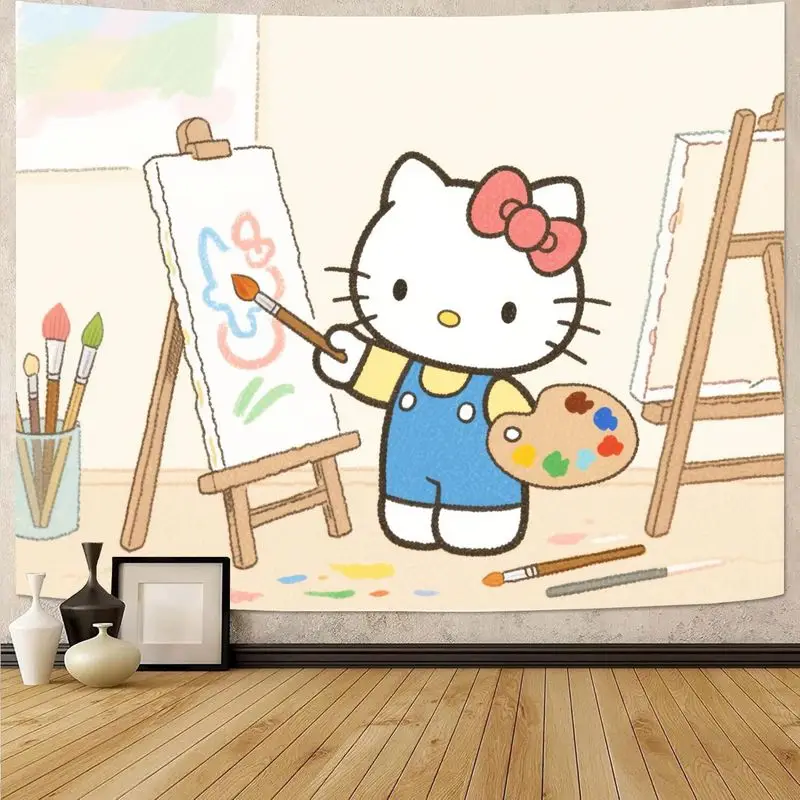 

1 шт. гобелен художника Sanrio Hello Kitty, кавайная картина с изображением котенка на мольберте, настенный художественный декор, подарок из полиэстера для спальни девочек