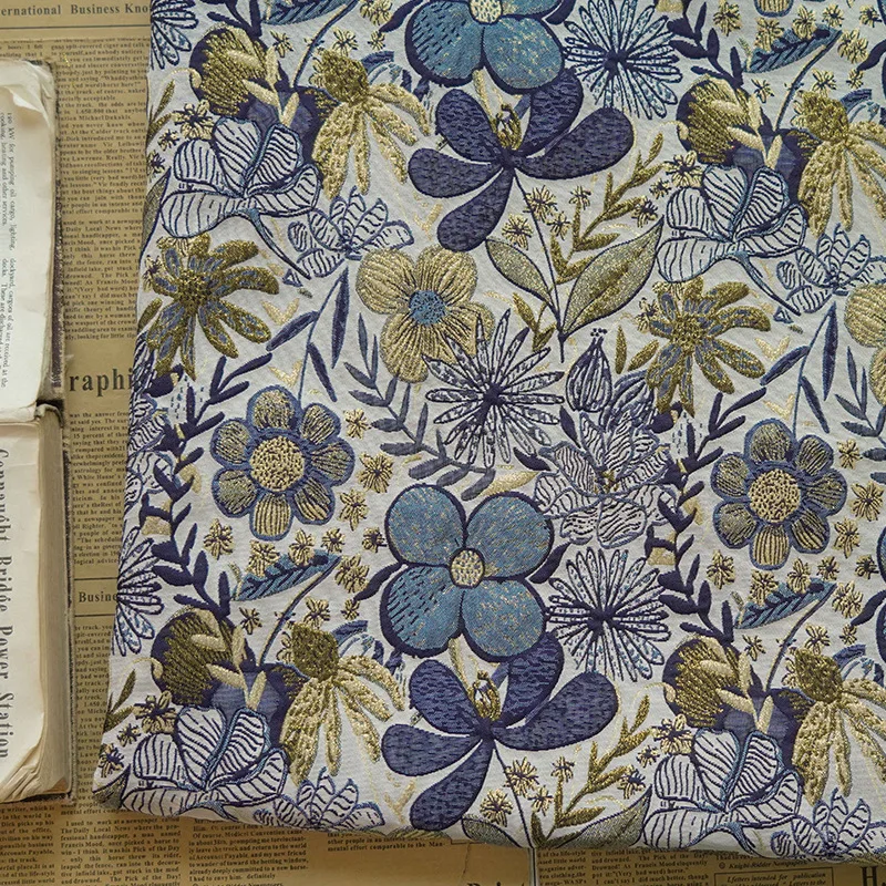 Blue Embossed Flower Jacquard Brocade Fabric Gold Silk Women\'s Dress Bag Decorative Sewing Fabric 50cmx160cm