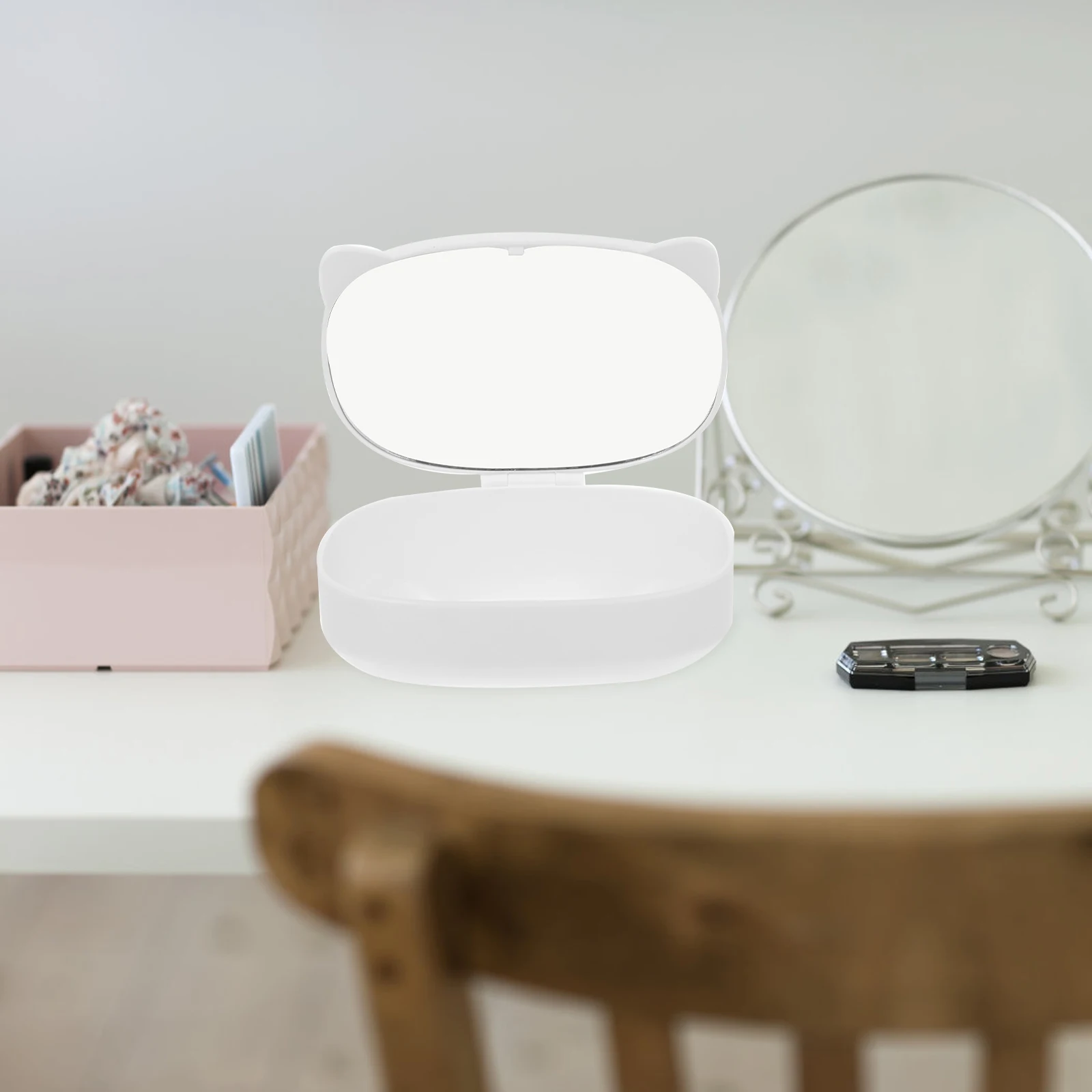 Cat Ear Makeup Mirror Holder Multi-Compartment Storage Box for Cosmetics Jewelry Stationery Tidy Dressing Table with Stylish