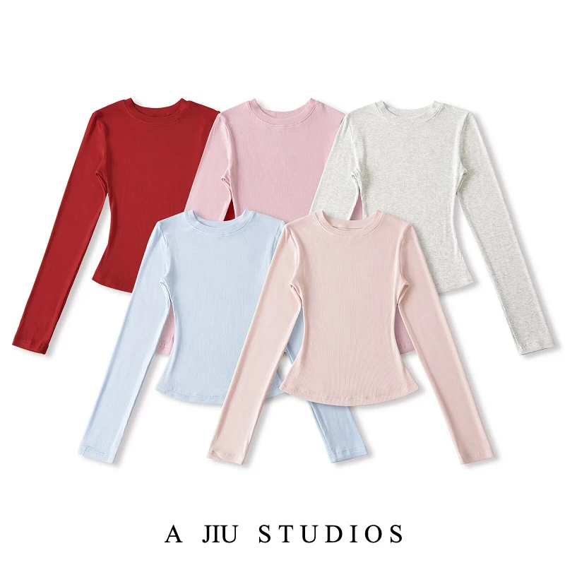 سليم صالح طويل Sve جولة Ne تي شيرت لون نقي الشارع Sle الخريف Faion الساعة الرملية الخصر ملابس داخلية قاعدة أعلى للنساء