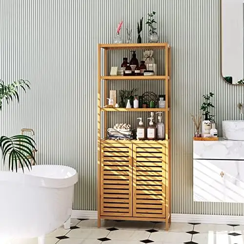 

Tall Bathroom Storage Cabinet, Bamboo Storage Cabinet with 2 Doors and 3 Tier Shelves, Bathroom Cabinet Freestanding, 67\u201dH